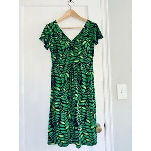 Green Leaf Print Midi Dress Boho Nature Inspired V-Neck Garden Padded Retro Y2K‎